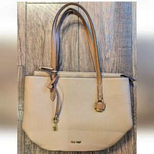 Nine West Beige Tan Faux Leather w/ Camel Accent Straps Shoulder Bag Purse Zip